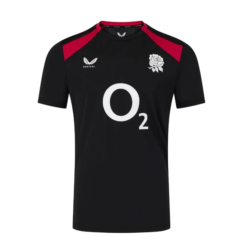 Castore England Rugby Men's Performace Short Sleeve Tee, Black/Persian Red, M