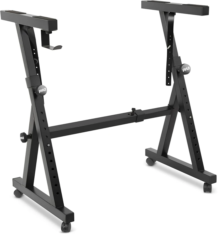 Pyle Universal Electronic Black Heavy-Duty Z Style Keyboard Organ Holder Rack Portable Piano Stand W/Adjustable Height and Width, Locking Wheels