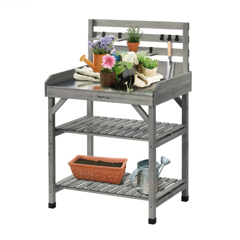 VegTrug® Potting Table – Ergonomic Gardening Workstation – Weather Resistant Potting Bench for Patio, Balcony & Greenhouse – Garden Table with Storage Shelf & Hooks – Grey Wash 81 x 56 x 125 cm