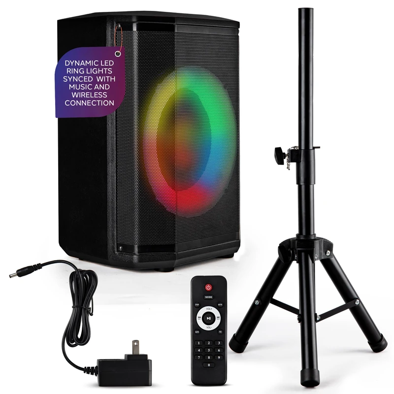 Pyle Portable Bluetooth Speaker with 20cm Woofer, 120W Rechargeable PA System, TWS Pairing, Mic Input, USB/SD/FM Radio, LED Ring Lights, Tripod Stand, Wireless Hi-Fi Sound for Indoor & Outdoor Use