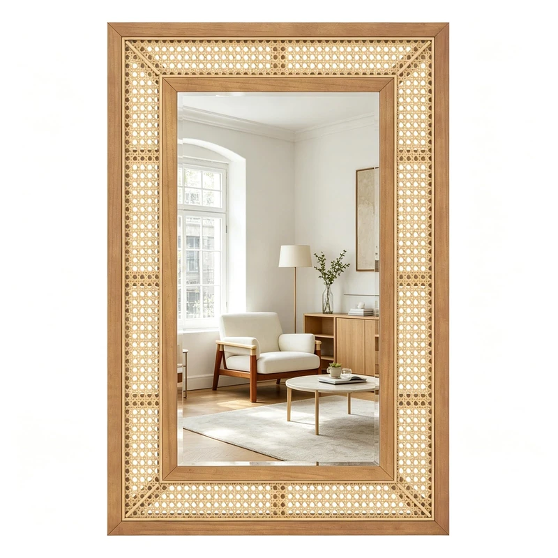 RELAX4LIFE Rattan Decorative Wall Mirror, Hanging Vanity Mirror, Wooden Frame Wall Mounted Mirror Accent Makeup Dresing Mirror for Living Room, Bedroom, Bathroom and Hallway (90 x 60cm Rectangle)