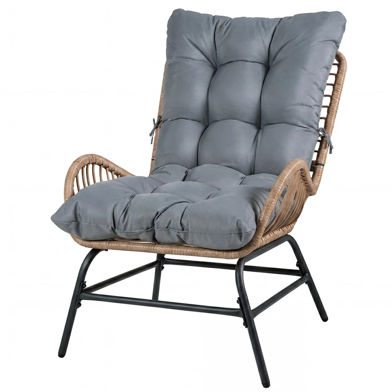 RELAX4LIFE Patio PE Rattan Chair, Outdoor Wicker Garden Lounger with Padded Cushions, Heavy Duty Metal Frame Rattan Dining Chair Leisure Armchair for Backyard Porch Balcony (Grey)