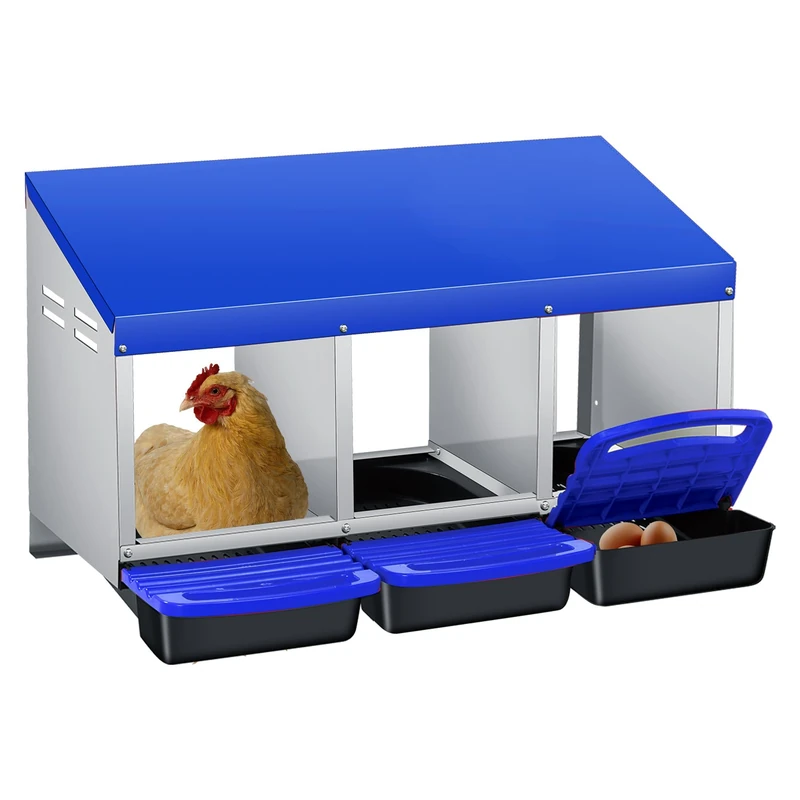 Garvee Automatic Egg Picking Chicken Nest - 3 Compartment Ventilated Metal Box - Easy Wall or Ground Mounting - Ideal for Professional Chicken Cooks - Blue