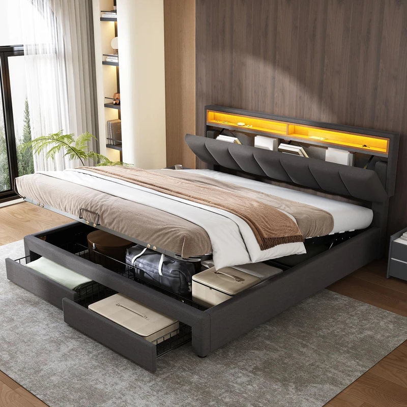 Ball & Cast Upholstered Bed Frame with Hydraulic Lift & Drawers & Adjustable Concealed Storage Headboard, 6ft Super King Size Bed Frame with LED Lighting, Linen Ottoman Storage Beds with Slats, Grey