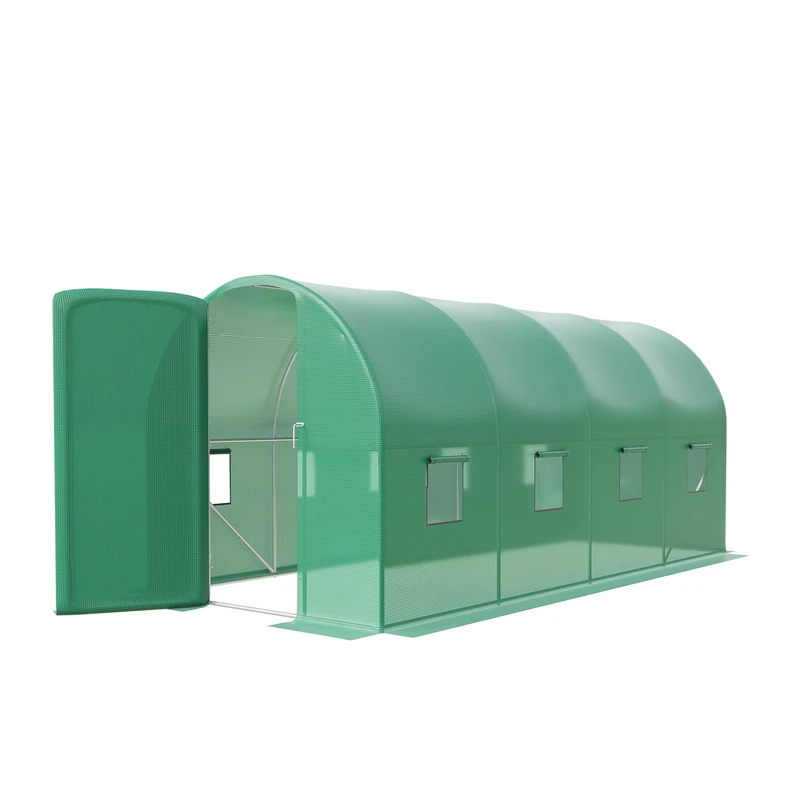 Garvee Garden Greenhouse Tunnel 1.98 x 4.55 x 1.98 m, Vegetable Garden Greenhouse with Galvanised Steel Frame and Reinforced PE Tarpaulin, 8 Ventilation Windows and Iron Gate, Green