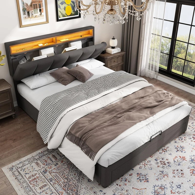 Ball & Cast Upholstered Bed Frame with Hydraulic Lift & Drawers & Adjustable Concealed Storage Headboard, 4ft6 Double Bed Frame with LED Lighting, Linen Ottoman Storage Beds with Wooden Slats, Grey