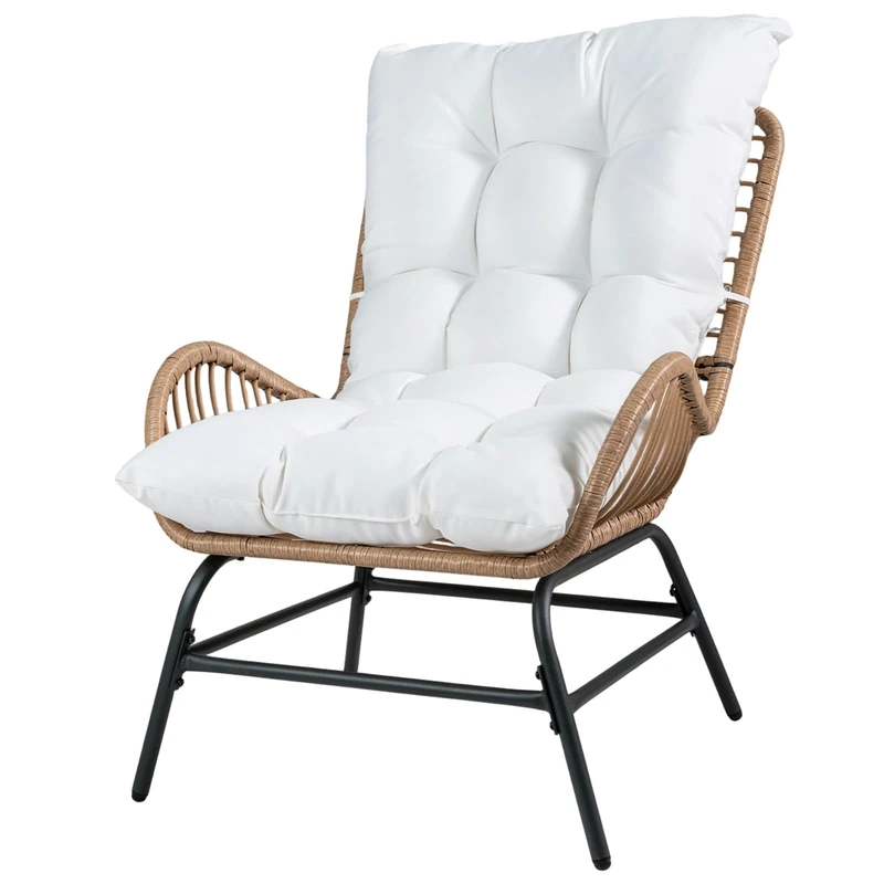 RELAX4LIFE Patio PE Rattan Chair, Outdoor Wicker Garden Lounger with Padded Cushions, Heavy Duty Metal Frame Rattan Dining Chair Leisure Armchair for Backyard Porch Balcony (White)