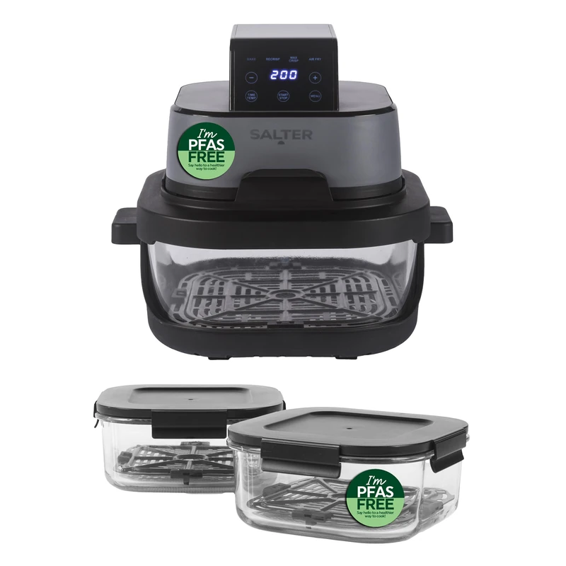 Salter Crisp & Go Air Fryer with Prep & Go Set – Portable 4L Air Fryer with 360° Viewing Window, 3 x 1.5 L Glass Containers with Lids, PFAS-Free, Dishwasher & Microwave Safe Food Storage Boxes, 1500W
