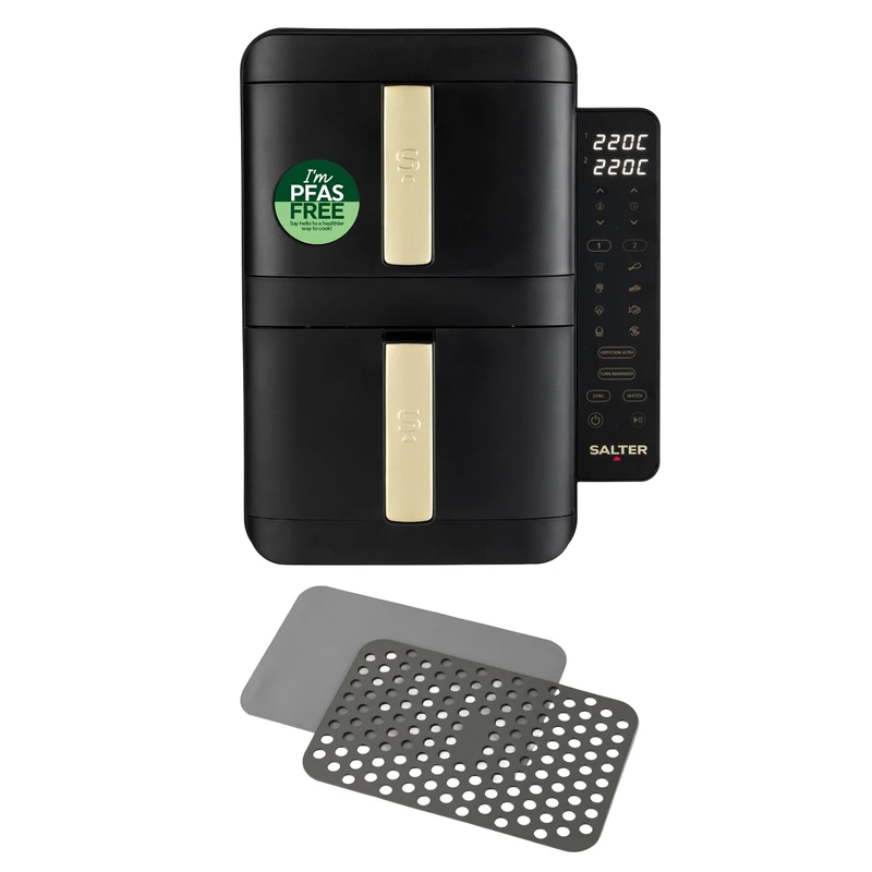 Salter Alchemy Verticook Stackable Air Fryer & Set of 4 Basket Liners - 9L Dual Drawer Air Fryer with Silicone Liners, PFAS-Free, 9 Functions, Sync & Match, 2400W - Image 1