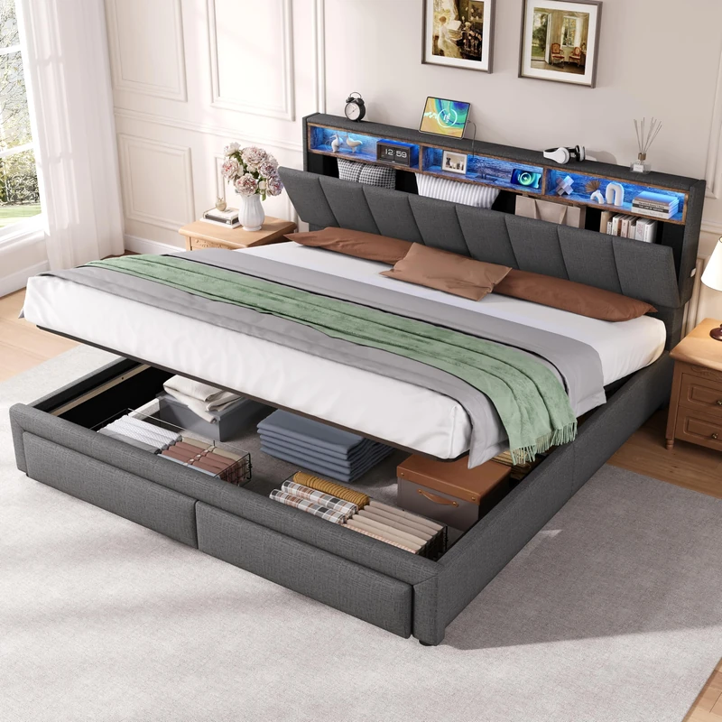 Ball & Cast Upholstered Bed Frame with Hydraulic Lift&Drawers&Adjustable Concealed Storage Headboard, 6ft Super King Size Bed Frame with LED Lighting&Charging Station, Linen Ottoman Storage Bed, Grey