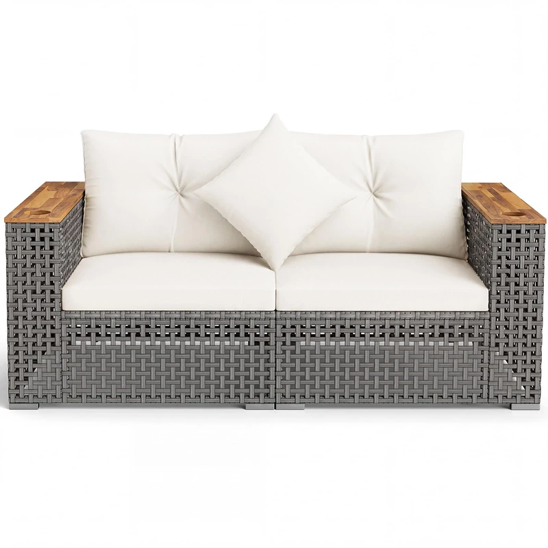 RELAX4LIFE 2 Seater Rattan Sofa Set, Outdoor Wicker Garden Furniture with Thick Padded Cushions & Armrests, Heavy Duty Metal Frame Rattan Leisure Loveseat for Backyard Porch Balcony