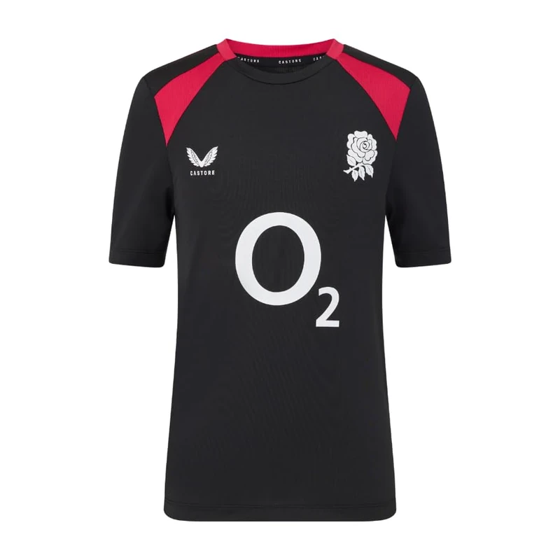 Castore England Rugby Unisex Performance Short Sleeve Tee, Black/Persian Red, 13 Years - Image 1