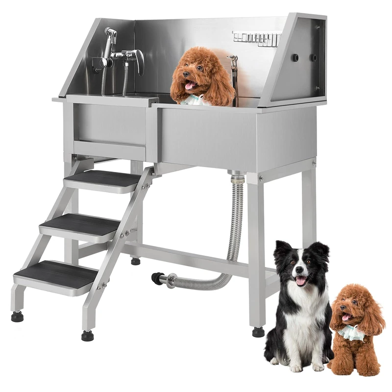 Garvee Professional Stainless Steel Dog Grooming Bath, Left Sliding Door, Adjustable Non-Slip Grill, Ladder, Tap and Shower, Silver Polished Finish, 86.5 x 37.5 x 98 cm