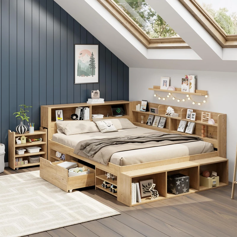 Ball & Cast Children's bed, Double Bed-4ft6(135*190cm), multifunctional children's bed with drawers, bookcase and storage cupboard, large storage space, slatted frame, without mattress, natural color