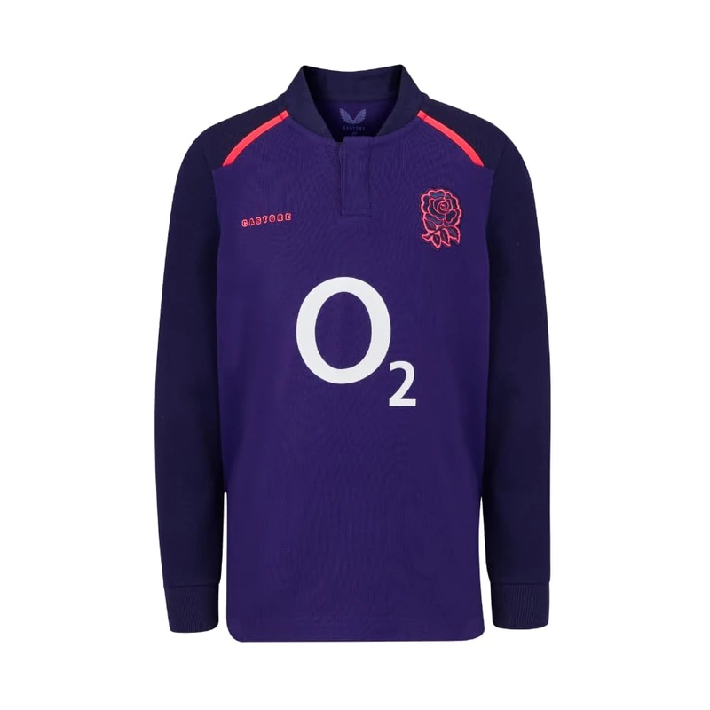 Castore England Rugby Unisex Alternate Long Sleeve Shirt, Rhodonite, Maritime Blue, Diva Pink, 9 Years