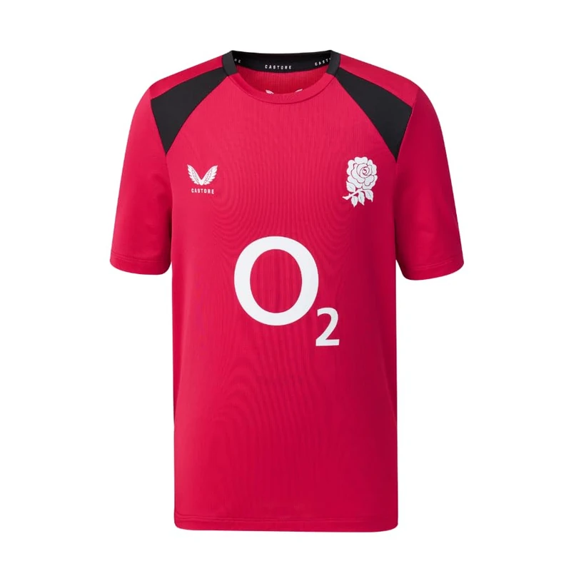 Castore England Rugby Unisex Performance Short Sleeve Tee, Persian Red Black, 13 Years