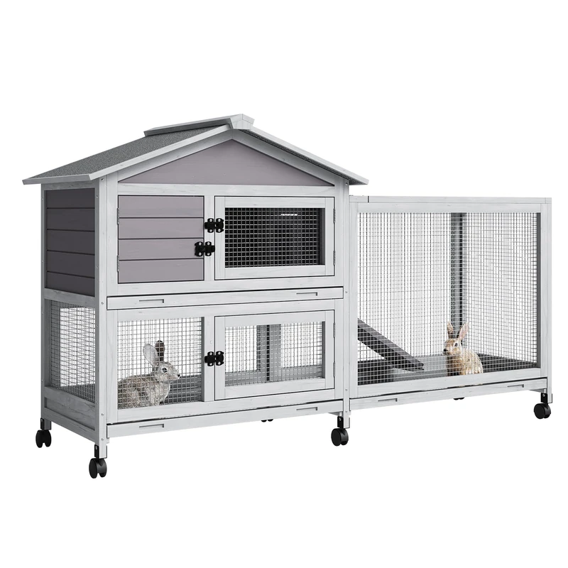 Garvee 2-Tier Cage for Small Animals – Waterproof Roof, Wheels, Non-Slip Ramp, 4 Doors, Removable Tray – Wooden House for Rabbits, Guinea Pigs, Ferrets, Indoor Outside – Grey
