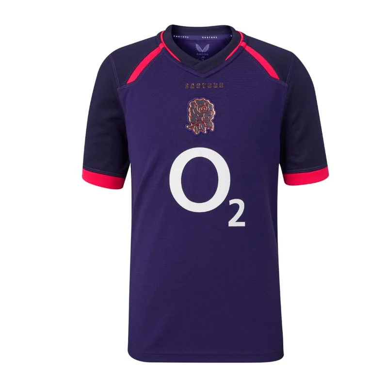Castore England Rugby Unisex Alternate Replica Short Sleeve Shirt, Rhodonite/Maritim Blue/Dive Pink, 8 Years