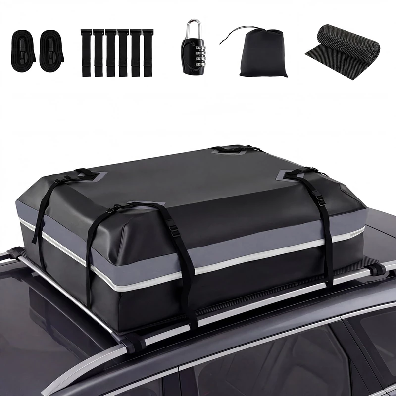 HOMFME 15/21 Cubic Feet Car Roof Bag, Waterproof PVC Rooftop Cargo Carrier Box with Non-Slip Mat, Door Hooks and 8+2 Straps, Roofing Luggage Storage Bag and Carrier Bags For Most Carts (Grey,425L)