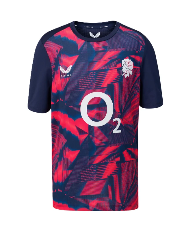 Castore England Rugby Unisex Pre Match Short Sleeve Jersey, Peacoat/Dive Pink, 8 Years