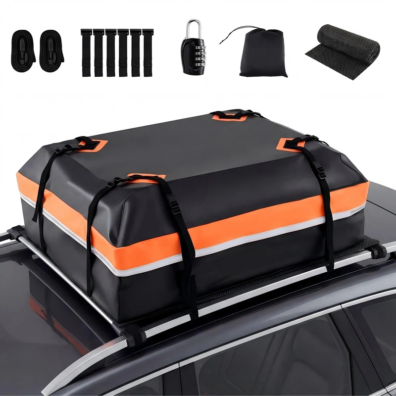 HOMFME 15/21 Cubic Feet Car Roof Bag, Waterproof PVC Rooftop Cargo Carrier Box with Non-Slip Mat, Door Hooks and 8+2 Straps, Roofing Luggage Storage Bag and Carrier Bags For Most Carts (Orange,425L) - Image 1