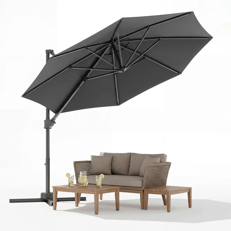 JUMMICO 3x3m Round Cantilever Garden Parasol with Crank Tilt,8 Ribs, UV Protection, Waterproof, 360° Rotation Foot Pedal, Outdoor Patio Umbrella for Garden, Lawn Terrace,Grey