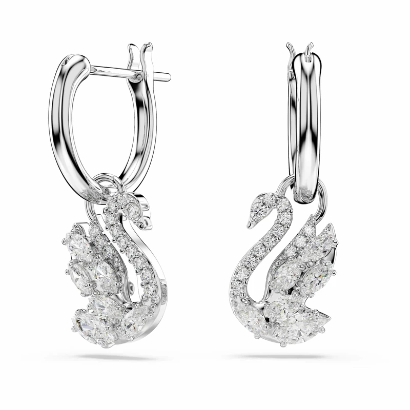 Swarovski Swan Drop Earrings, Mixed Cuts, Swan, White, Rhodium Plated