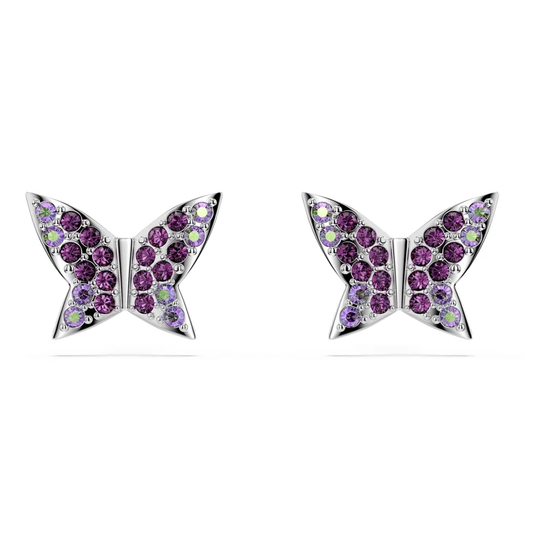 Swarovski Idyllia Stud Earrings, Round Cut, Butterfly, Purple, Rhodium Plated