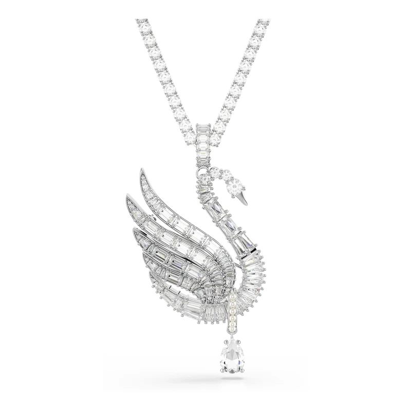 Swarovski Vienna Pendant And Brooch, Mixed Cuts, Swan, White, Rhodium Plated