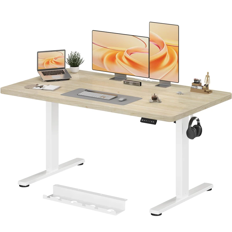 JUMMICO Electric Height Adjustable Desk, 140x70cm with Cable Tray & Sit-Stand Reminder – Ergonomic Standing Desk for Home Office, Beige