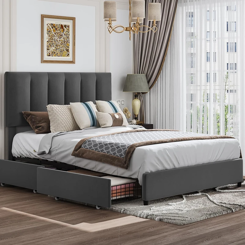 VECELO 4ft6 Double Bed Frame with 4 Storage Drawers, 135×190 cm Upholstered Platform with Adjustable Velvet Headboard, Wood Slat Support, No Box Spring Needed, Dark Grey