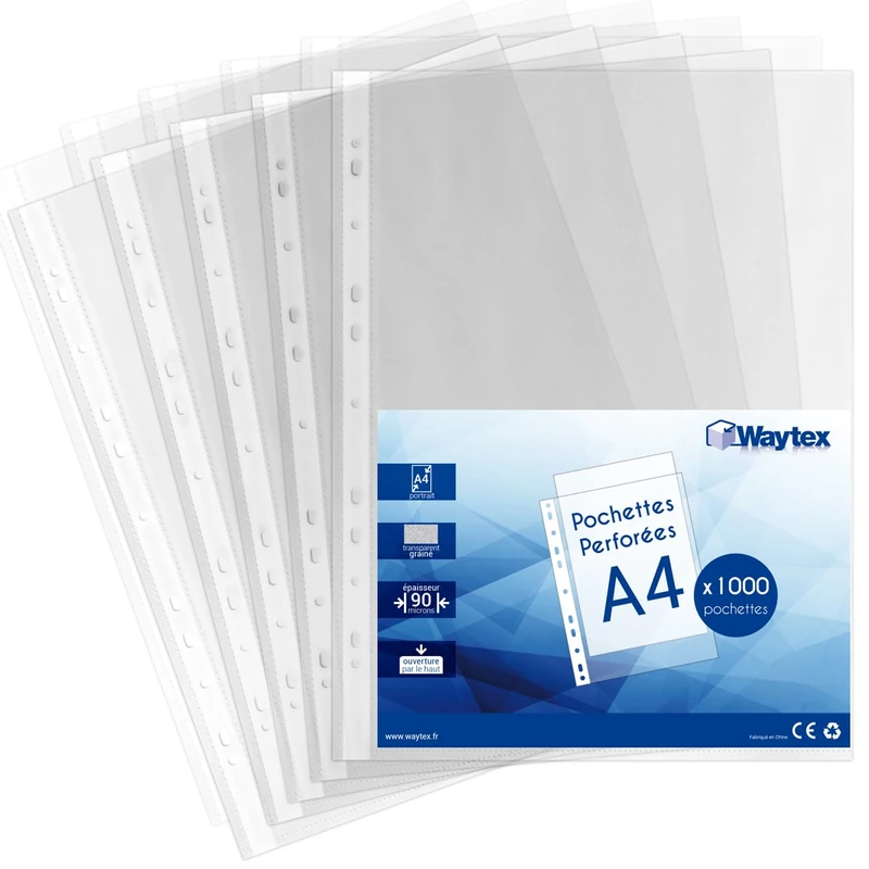 Pack of 1000 Thick Perforated Plastic Sleeves A4 90 Microns - Grained Anti-Glare Anti-Static - for A4 Binder - Capacity 25 Sheets - Image 1
