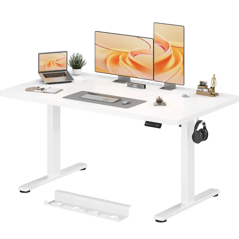 JUMMICO Electric Height Adjustable Desk, 140x70cm with Cable Tray & Sit-Stand Reminder – Ergonomic Standing Desk for Home Office, White - Image 1