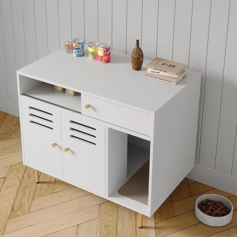 Garvee Modern Cat Litter Tray Cabinet - Double Door, Side Entrance, Anti-Odor Ventilation, Storage Shelves, Scratching Post - Multifunctional Design Indoor Decorative - White - Image 1