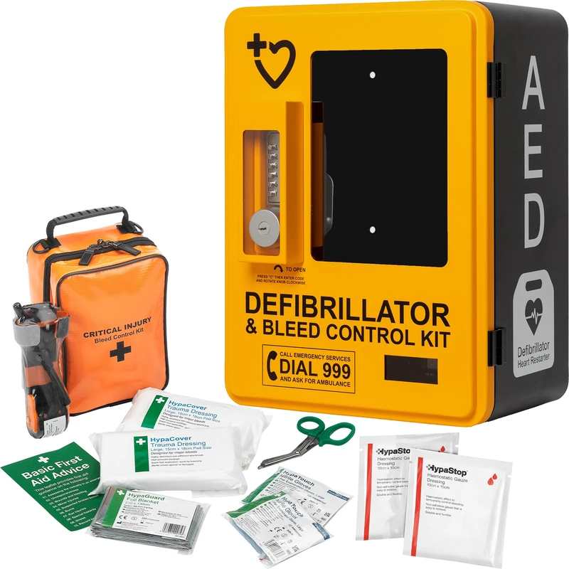 Safety First Aid Group HypaGuard Outdoor AED Cabinet and Bleed Control Bundle - Lockable and Alarmed Defibrillator Cabinet