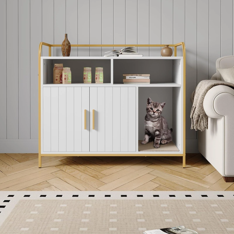 Garvee Modern Wooden Cat Litter Tray Storage Cabinet with Storage Shelves, Ventilation Holes and Side Entrance - Hides Litter Box and Kennel - White - Image 1