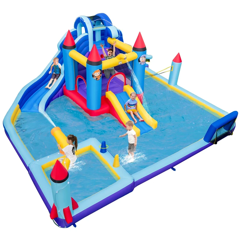 GYMAX Kids Bouncy Castle, 10 in 1 Inflatable Water Park with 2 Slides, Jumping Area, Water Cannon, 2 Climbing Walls, Basketball Hoop, Ring-toss, Soccer & Volleyball Gate, Bounce House for Children