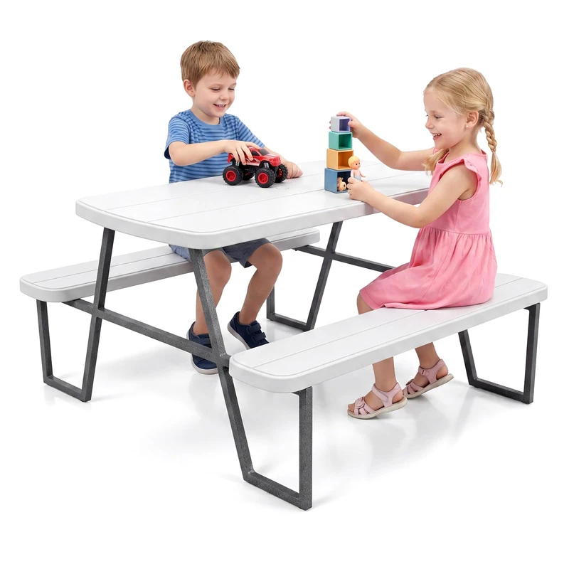 GYMAX Kids Picnic Table, Toddler Garden Table with Benches and Umbrella Hole, Indoor Outdoor Children Furniture Set for 3-8 Years Old Boys Girls