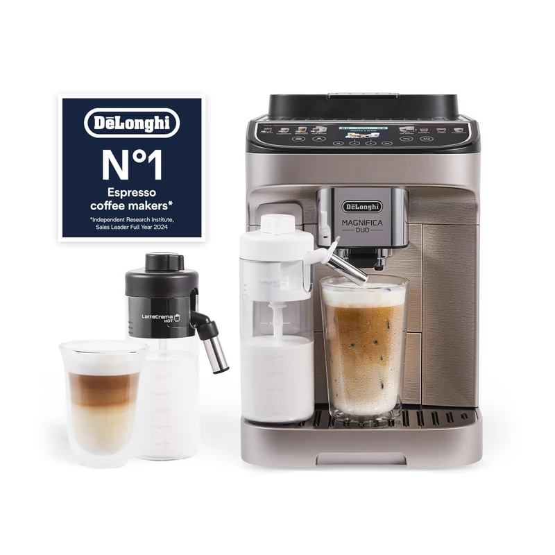 De’Longhi Magnifica Duo – Perfetto Automatic Coffee Machine with LatteCrema Automatic Milk Frothing, 20 Hot & Cold Drinks, Colour Icon Display, Silver brushed (ECAM332.80.SXB)
