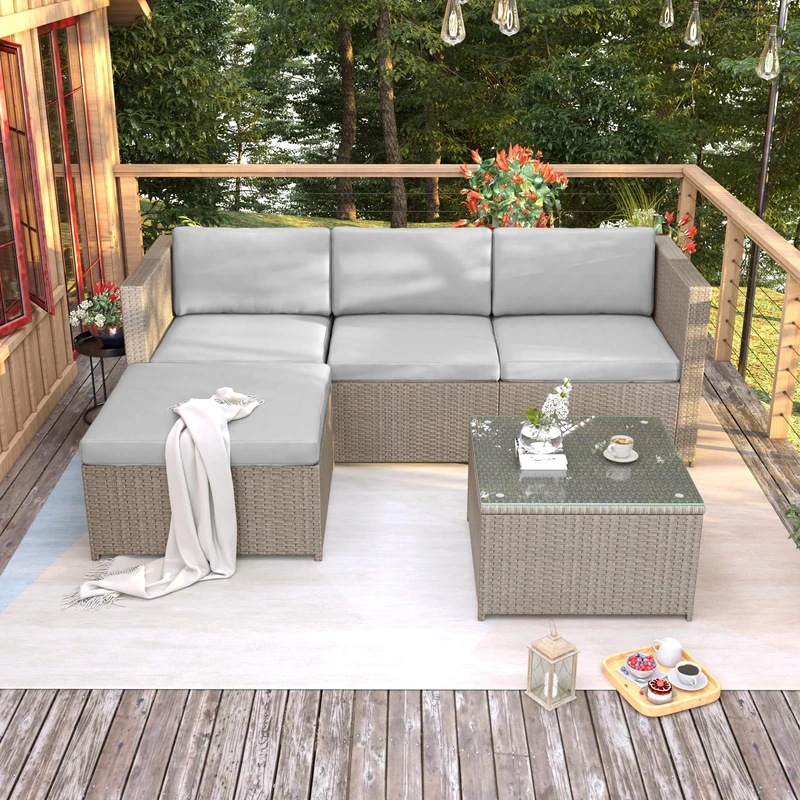Ball & Cast Garden Corner Sofa Rattan Furniture Set 4 Seater Patio Outdoor Lounge Settee with Glass Coffee Table All-weather SFS066 (Mix Grey Rattan+Khaki Cushion)