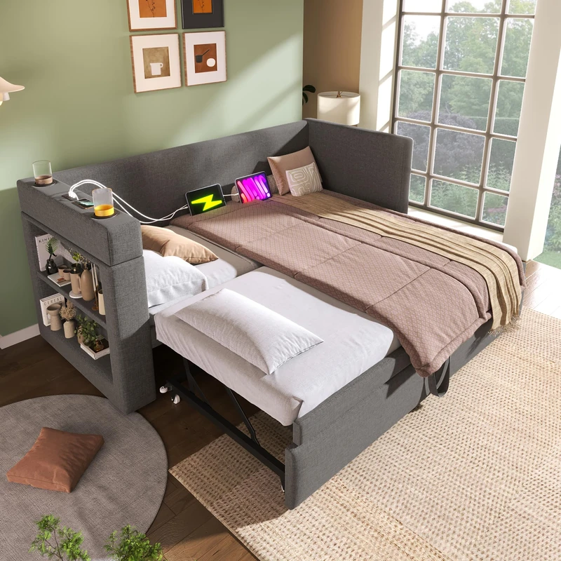 Ball & Cast 3ft Single Trundle Day Bed,Single Grey Upholstered Bed with Pull Out Bed,with Cup Holders,USB&Type C Charging Station,Side Storage,Slatted Frame,for Adults Children,Linen/90x190cm