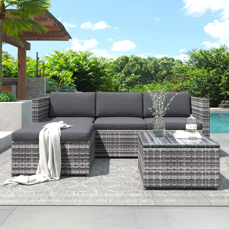 Ball & Cast Garden Corner Sofa Rattan Furniture Set 4 Seater Patio Outdoor Lounge Settee with Glass Coffee Table All-weather SFS066 (Mix Grey Rattan+Grey Cushion)