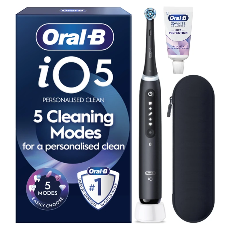 Oral-B iO 5 Electric Toothbrush | Matt Black | 1 Brush Head | Long-Lasting Battery | Soft Travel Case | Brush Head Holder
