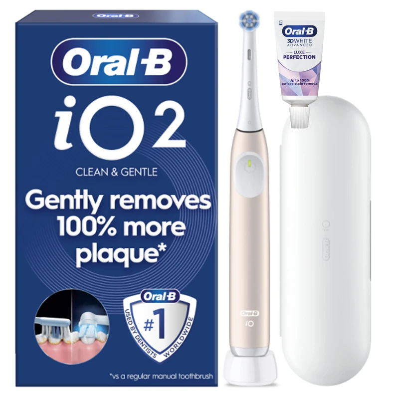 Oral-B iO 2 Electric Toothbrush | Calm Pink | 1 Brush Head | Up to 4 Weeks of Charge | Travel Case | Toothpaste