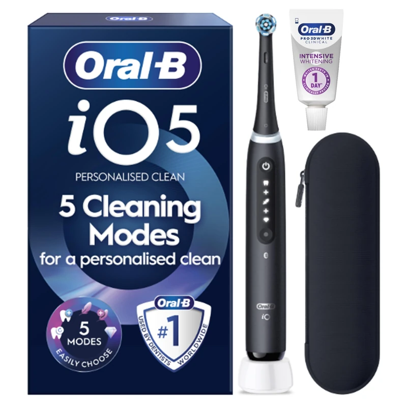 Oral-B iO 5 Electric Toothbrush | Matt Black | 1 Brush Head | Long-Lasting Battery | Soft Travel Case | Brush Head Holder
