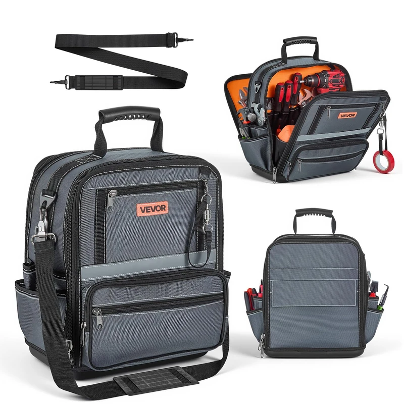 VEVOR 335mm Tool Bag 34 Pockets Portable Tool Organizer with Hard Plastic Base, Wide Zipper Opening, Adjustable Shoulder Strap, Water Resistant for DIY and Construction Site