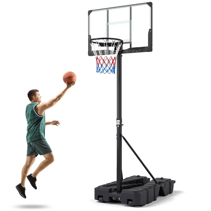 GYMAX Foldable Basketball Hoop and Stand, 230-305cm Stepless Height Adjustable Basketball Hoop Set with 2 Wheels, Shatterproof PC Backboard, Portable Basketball Goal System for Outdoor Indoor