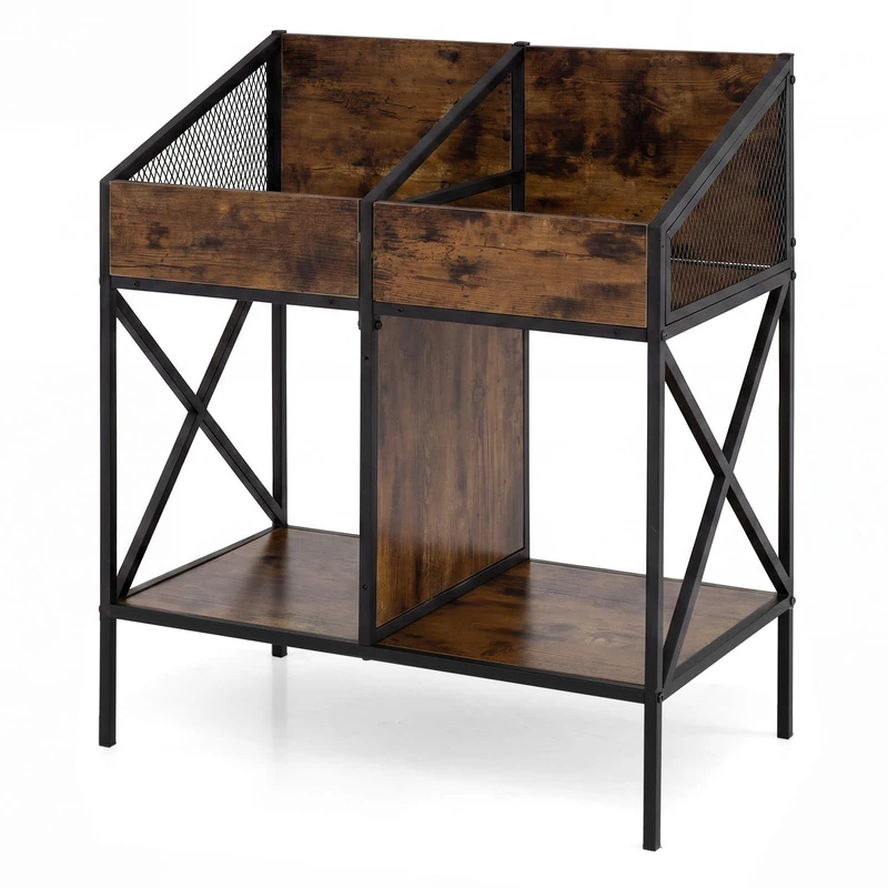 CASART 2-Tier Record Player Stand, 4-Grid Turntable Stand (Rustic Brown)
