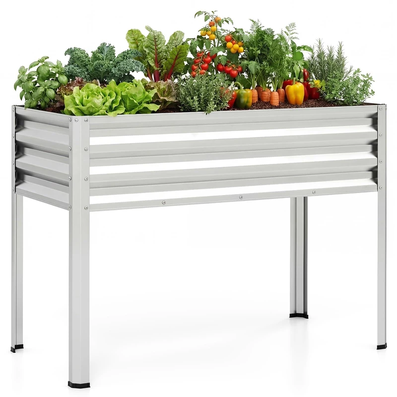 FANTASK Metal Raised Bed, 112 x 55 x 81 cm, Raised Planter with Drainage Holes, Planter up to 80 kg, Herb Bed for Vegetables, Fruit, Flowers, Herbs, Planter for Balcony, Garden (Silver)