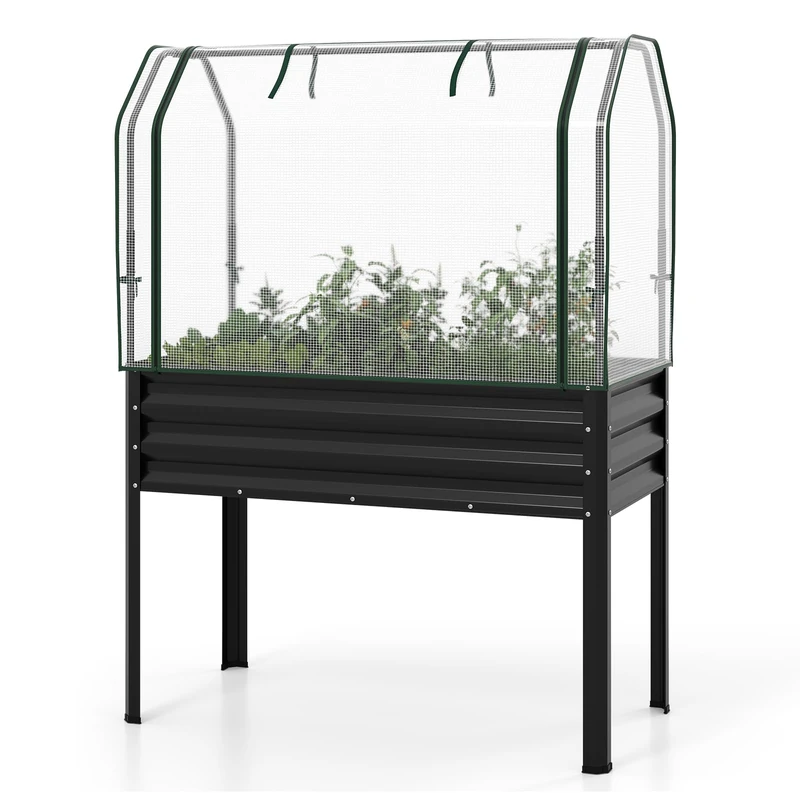 FANTASK 3-in-1 Planter with PE Cover, 112 x 55 x 152 cm, Raised Raised Bed with Rollable Door, Galvanised Metal Garden Bed, Plant Bed, Herb Bed for Garden, Balcony, Patio (Black)